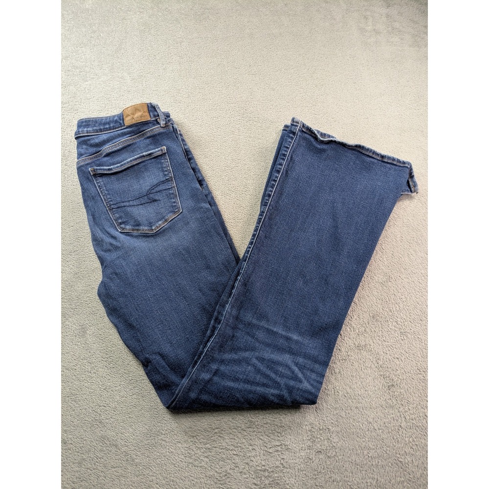 American Eagle Super Hi-Rise Flare Jeans 12 X-Long Blue Super Stretch Frayed Hem